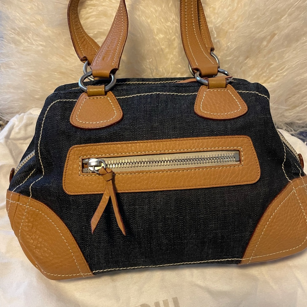 Double handle leather and denim bag by Miu Miu